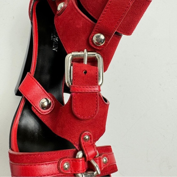 Giuseppe Zanotti For Balmain Red Suede Buckle Strappy Sandals Size 38 - Picture 12 of 14